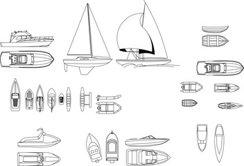 Comprehensive vector set of marine vessel icons, including sailboats, yachts, speedboats, and lifeboats in both profile and bird's-eye views. © Riki