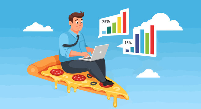 Businessman on a giant pizza slice with laptop and graphs