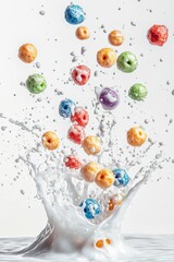 colorful cereal balls flying with milk splash in the air, isolated on white background