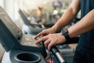 Obraz premium Man's hands with a smart watch setting the speed and incline on a treadmill control panel before starting a cardio workout in the gym.