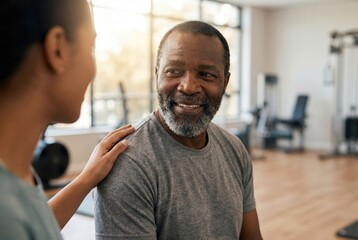 Fototapeta premium Friendly senior African American man smiling at his female physical therapist or trainer, feeling supported and encouraged in a gym.