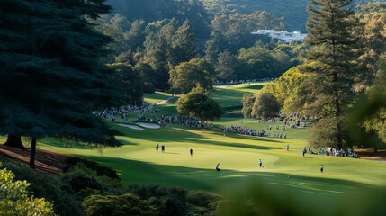 A vibrant golf championship scene unfolds with players in action, lush green fairways, and colorful spectators cheering. High stakes and competitive spirit fill the air as champions strive for