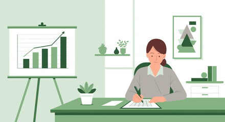 Fototapeta premium woman working at desk with graph on presentation board