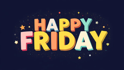 Happy friday text with stars on dark background suitable for social media posts, greeting cards, party invitations, and email newsletters.