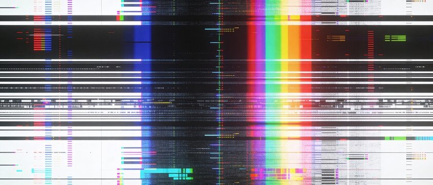 Abstract digital glitch art with vibrant color bars and static interference on screen