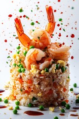 exploding fried rice with shrimp, egg, green peas, and soy sauce splash, isolated on white background