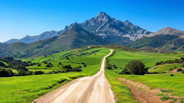 Winding Road to Mountain Peak: A captivating vista unfolds, with a rustic road snaking its way towards a majestic mountain peak, bordered by rolling green hills, and under a cloudless sky.