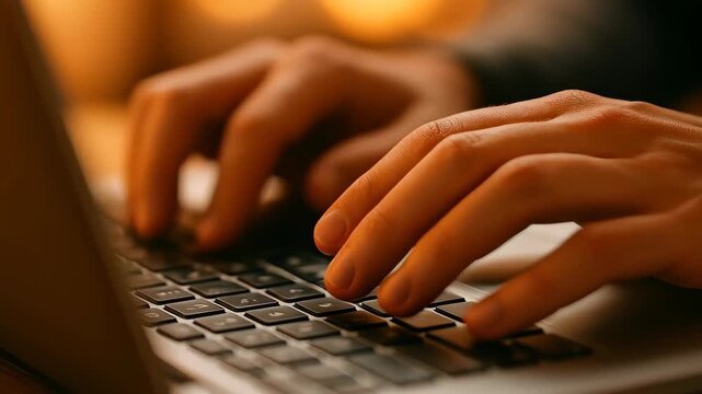 Coding the Digital Realm: A close-up view of hands gracefully navigating the keyboard of a laptop, illustrating the modern-day connection between humans and technology.