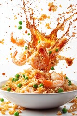 exploding fried rice with shrimp, egg, green peas, and soy sauce splash, isolated on white background