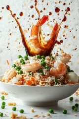 exploding fried rice with shrimp, egg, green peas, and soy sauce splash, isolated on white background