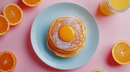 Flat lay breakfast set poster mockup with pancakes and orange juice