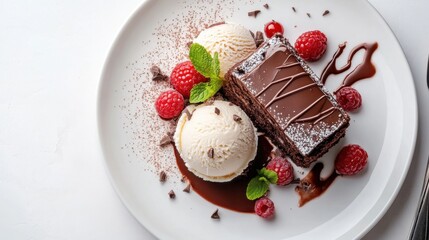 Flat lay dessert set with chocolate cake panna cotta and ice cream on white background