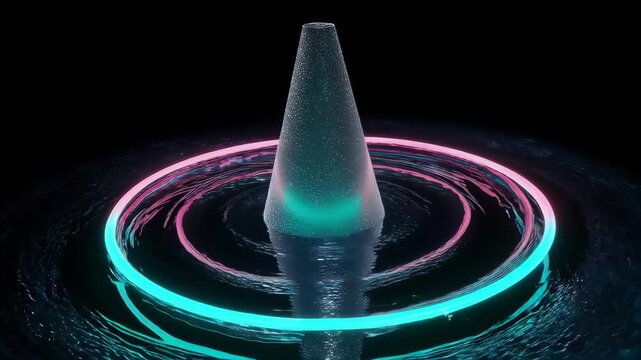 Abstract art of a cone-shaped structure surrounded by neon rings and water