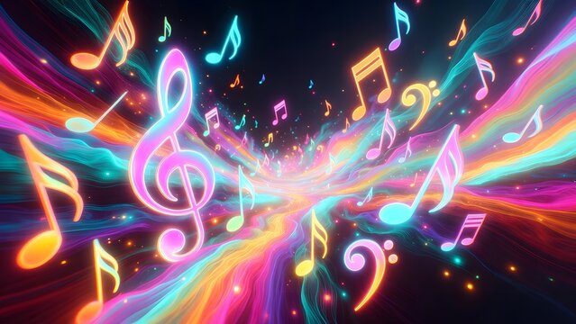 Abstract Digital Background of Flowing Neon Musical Notes and Colorful Light Waves Representing Sound Visualization and Harmony