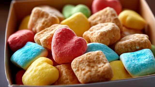 Colorful Marshmallows in a Box: A delightful assortment of heart-shaped and square marshmallows in vibrant hues, creating a sweet and cheerful composition in a simple box.