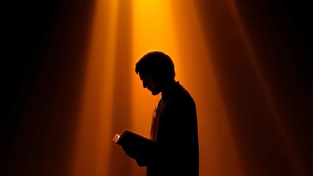 Silent Contemplation under Spotlight: A silhouette of an individual, bathed in an ethereal golden light, immerses themselves in a book, embodying quiet contemplation and introspection.