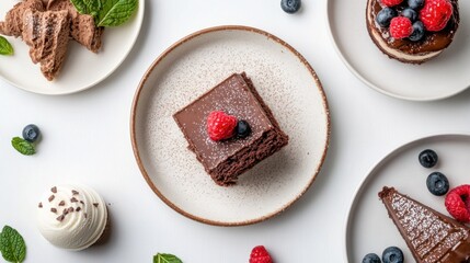 Flat lay dessert set with chocolate cake panna cotta and ice cream on white background