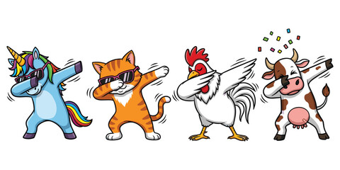 Cartoon unicorn cat chicken and cow doing the dab dance on white background vector illustration © MST Hasina