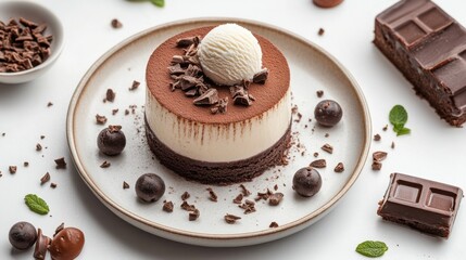 Flat lay dessert set with chocolate cake panna cotta and ice cream on white background