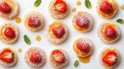 Flat lay fluffy pancakes topped with strawberries powdered sugar and maple syrup on white background