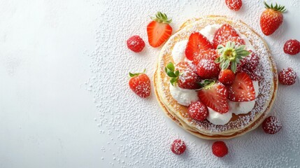 Flat lay fluffy pancakes topped with strawberries powdered sugar and maple syrup on white background
