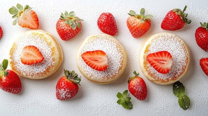 Flat lay fluffy pancakes topped with strawberries powdered sugar and maple syrup on white background