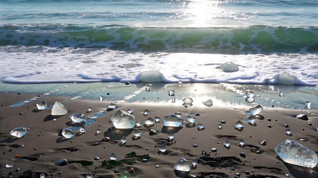 black sand beach ice fragments waves crashing scenic shore view | travel, nature, scenery, relax, beauty theme