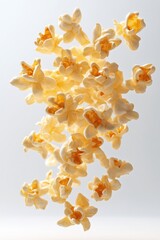 floating buttered popcorn with cinema light effect, isolated on white background