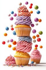 floating cupcakes with colorful frosting and candy sprinkles, isolated on white background