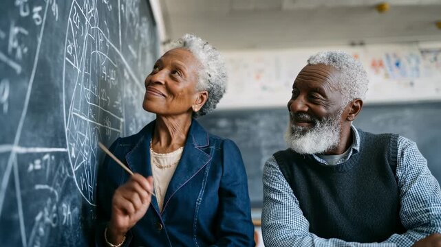 Portrait of wise senior African American couple in classroom. Thoughtful woman holds pointer, man gazes off. Inspiring education, shared knowledge, longevity. Classroom setting, focus on learning.
