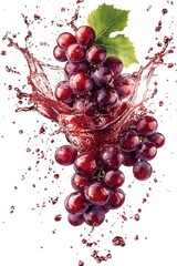 flying grapes and wine splash in mid-air, isolated on white background