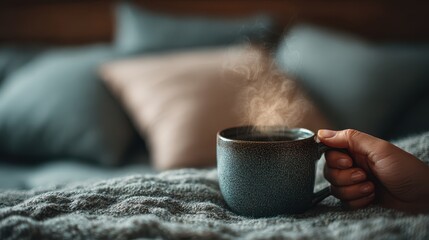 Digital detox routine aesthetic hand holding warm mug in cozy bedroom with rising steam