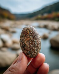 Embracing digital detox close-up of a river stone in nature calm environment tranquil viewpoint for mindfulness