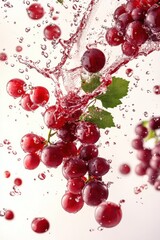 flying grapes and wine splash in mid-air, isolated on white background