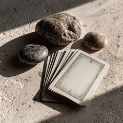 Embracing digital detox minimalist flat lay of tarot cards and stones in natural light for mindfulness practice