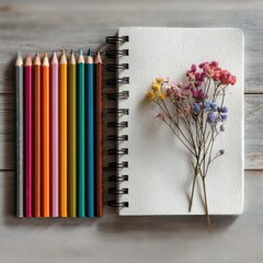 Digital detox routine with art supplies and colored pencils cozy home workspace flat lay composition relaxing environment