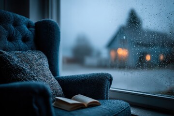 Cozy digital detox routine minimalist window view of soft rain relaxing reading nook tranquil atmosphere for mindfulness