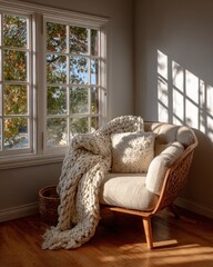 Digital detox routine in a cozy chair by the window relaxing environment soft light serene atmosphere