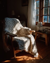 Digital detox routine cozy living room photo of comfortable chair warm environment sunlit viewpoint serenity concept