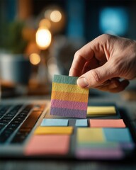 Digital detox action hand placing colorful sticker on laptop camera home office photo cozy environment mindfulness concept