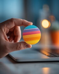 Digital detox routine hand placing colorful sticker over laptop camera in a cozy workspace focus on mindfulness and technology balance
