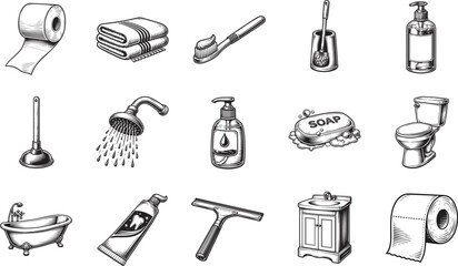 An array of essential bathroom elements, expertly illustrated in a sophisticated, minimalist style, showcasing everyday objects for personal hygiene and comfort.