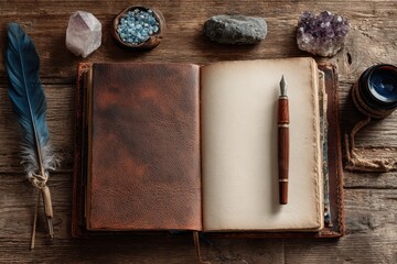 Digital detox journaling setup cozy home office flat lay natural elements tranquil environment mindfulness concept