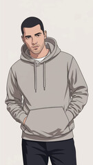 Fototapeta premium Illustrated portrait of a young man wearing a gray hoodie with hands in pockets.