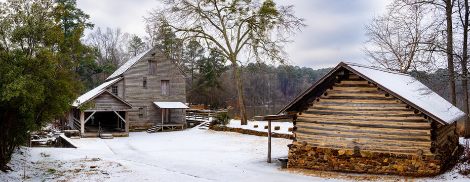 Millyard covered in ice after a storm at Historic Yates Mill County Park in Raleigh, NC.