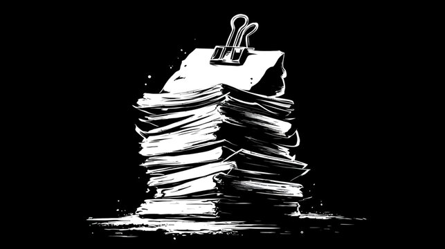 A stack of papers is held together with a binder clip, illustrated in black and white