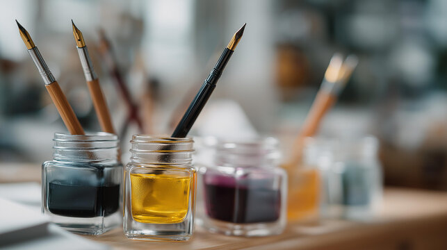 A compact home office setup featuring various ink colors for creative projects, highlighting the act of refilling ink as a crucial practice for artists and hobbyists who rely on consistent print