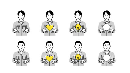 作業着の男性が両手でモチーフを支えるイラストセット ハート 電球 空白円