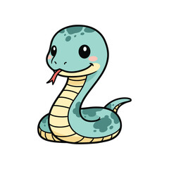 Fototapeta premium Cute cartoon green snake character smiling friendly isolated on white background illustration