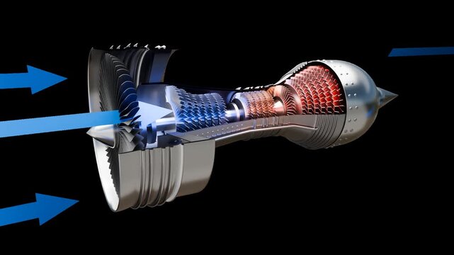 Animazione e sezione motore turbofan su sfondo trasparente, rendering 3d